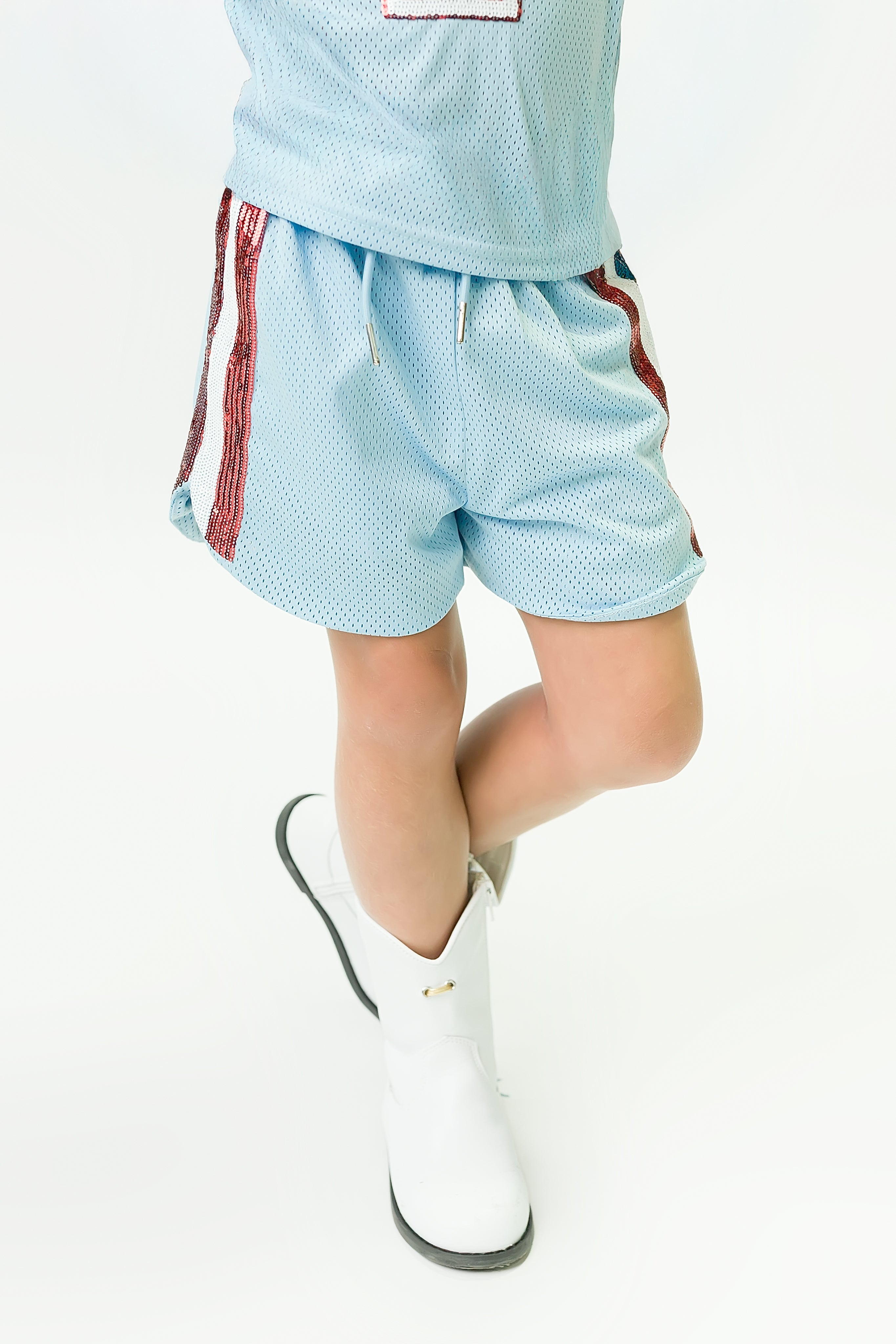 Light Blue and Red Sequin Shorts