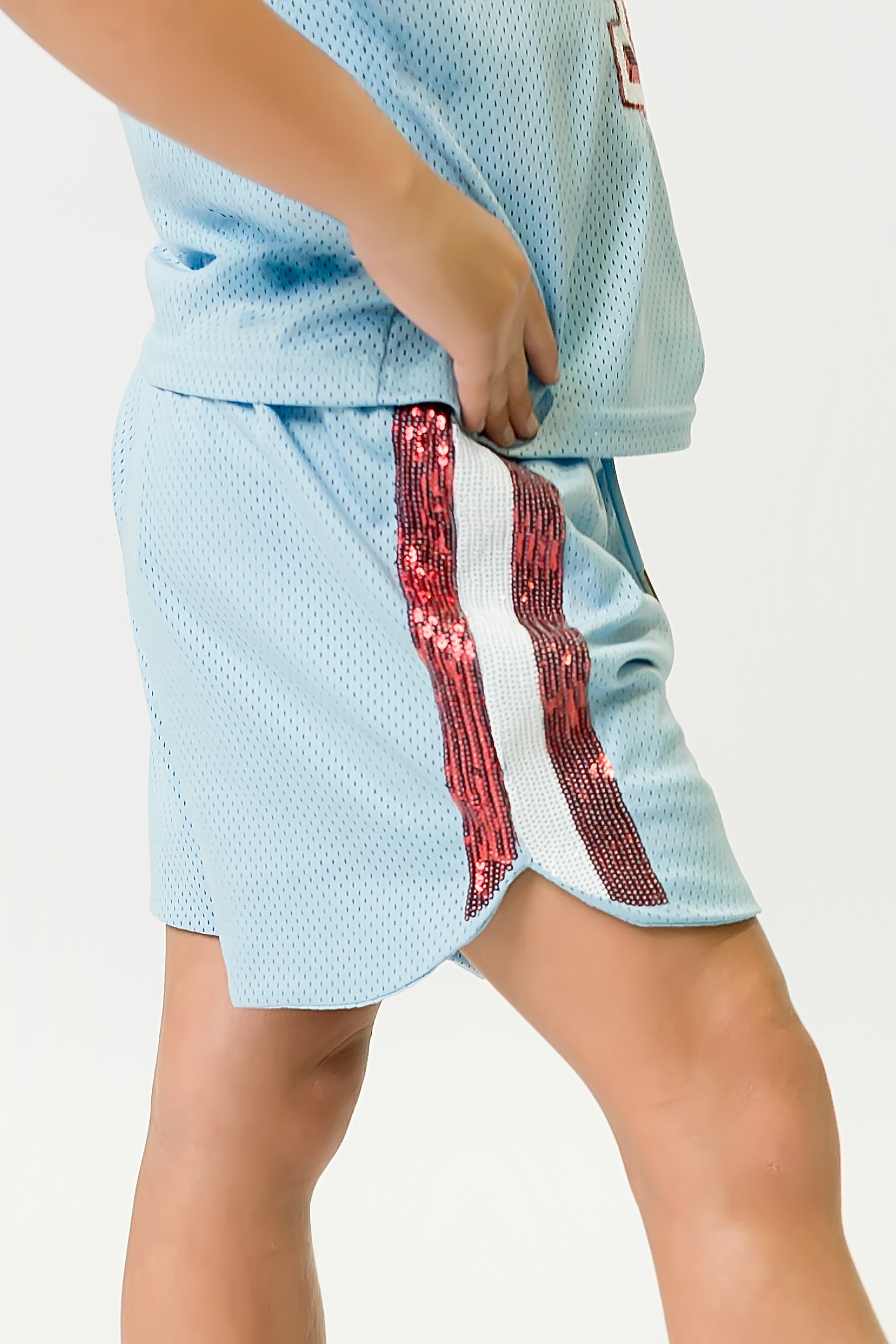 Light Blue and Red Sequin Shorts