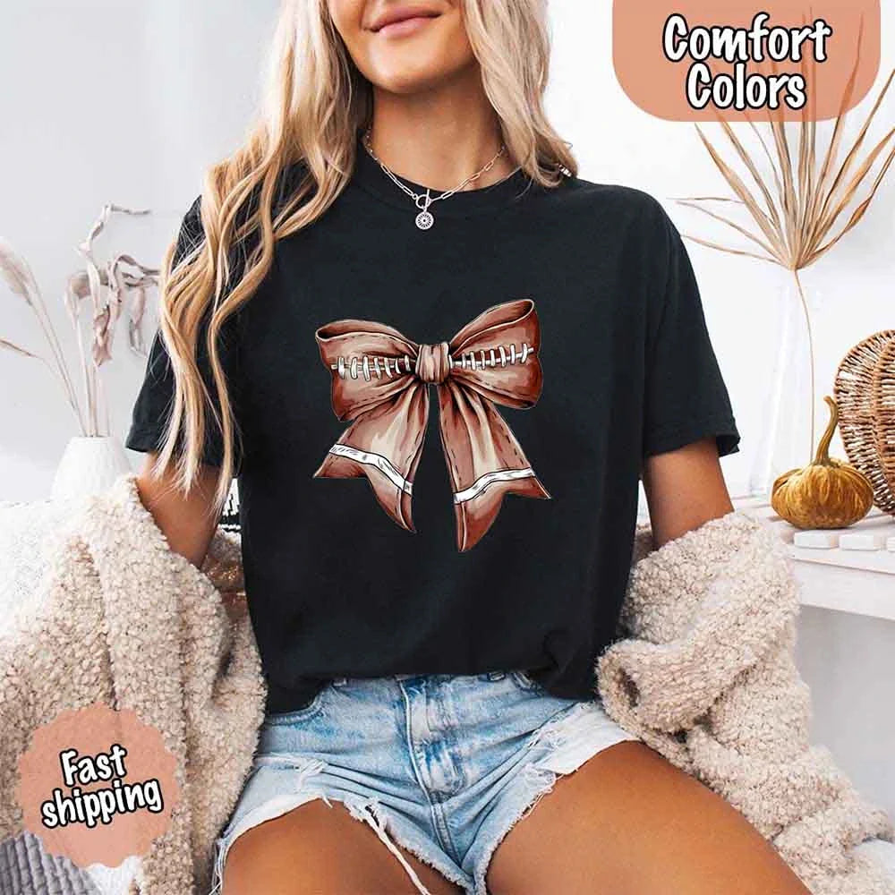 Comfort Colors Vintage Football Bow T-Shirt – Cute Game Day Tee for Women