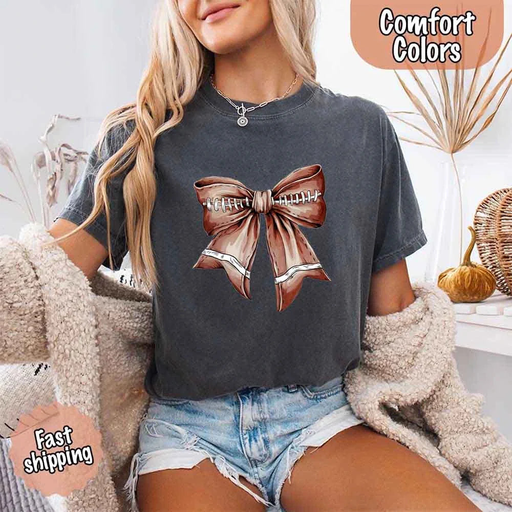 Comfort Colors Vintage Football Bow T-Shirt – Cute Game Day Tee for Women