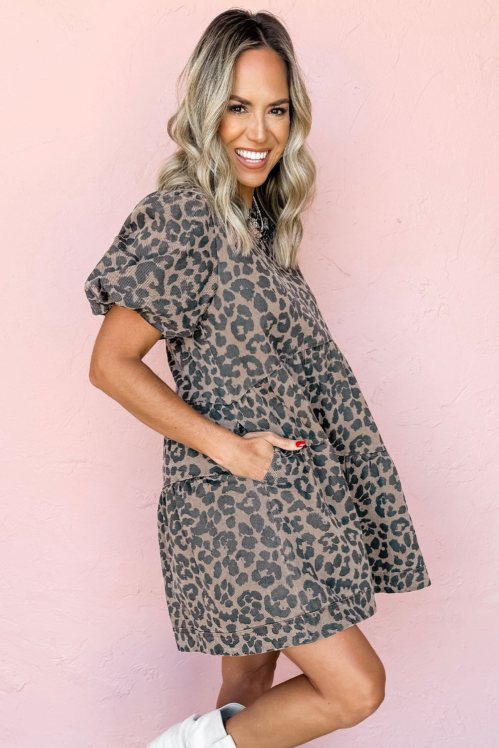 Brown Leopard Print Short Sleeve Flared Denim Mini Dress