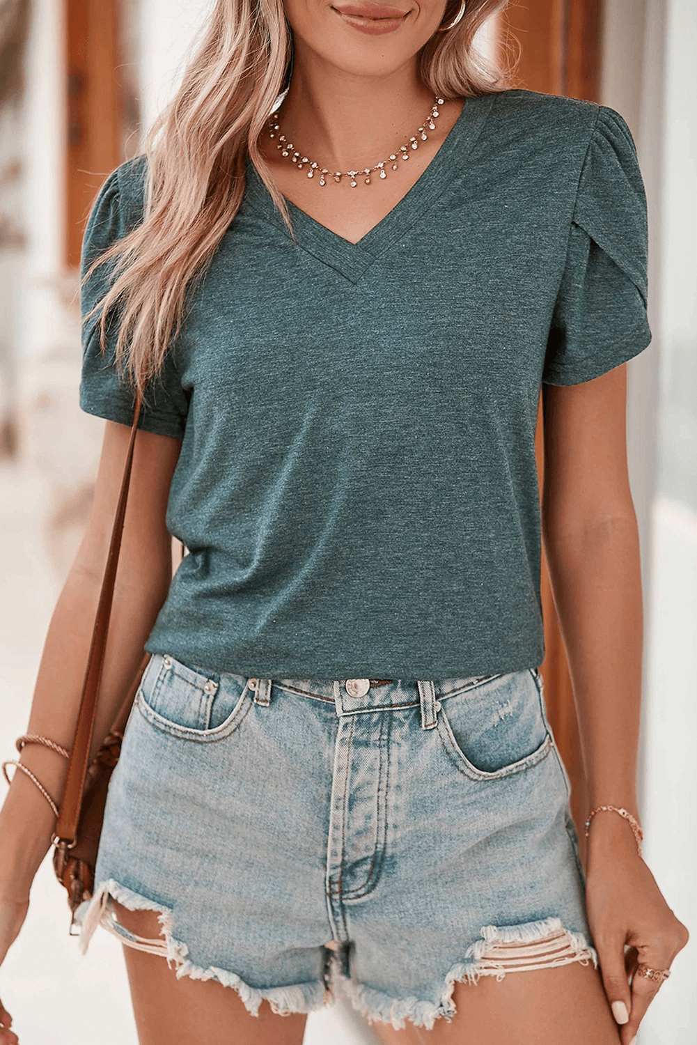 Heathered Petal Sleeve V-Neck T-Shirt