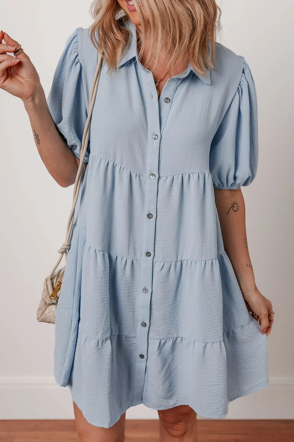 Button Up Puff Sleeve Tiered Shirt Dress