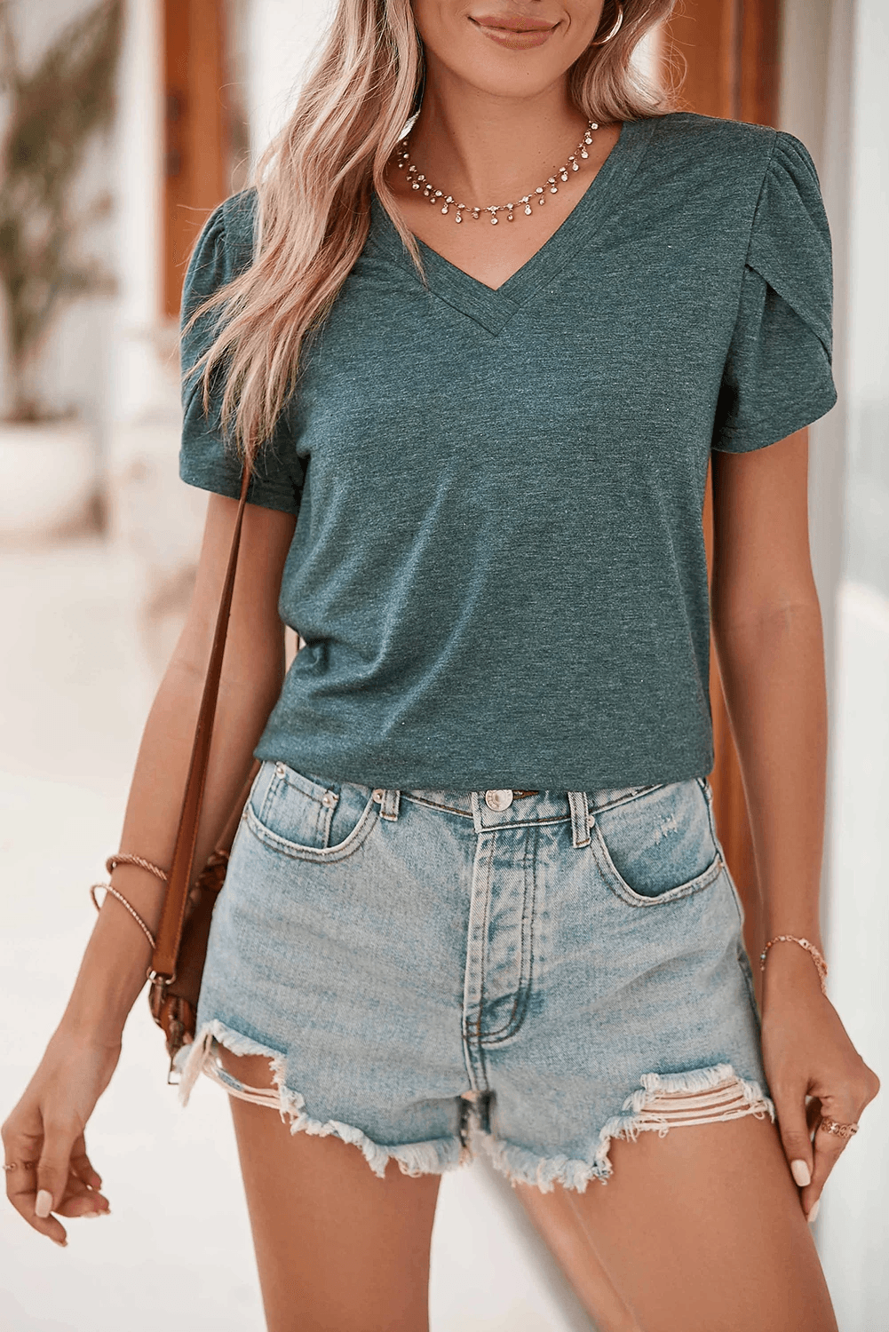 Heathered Petal Sleeve V-Neck T-Shirt