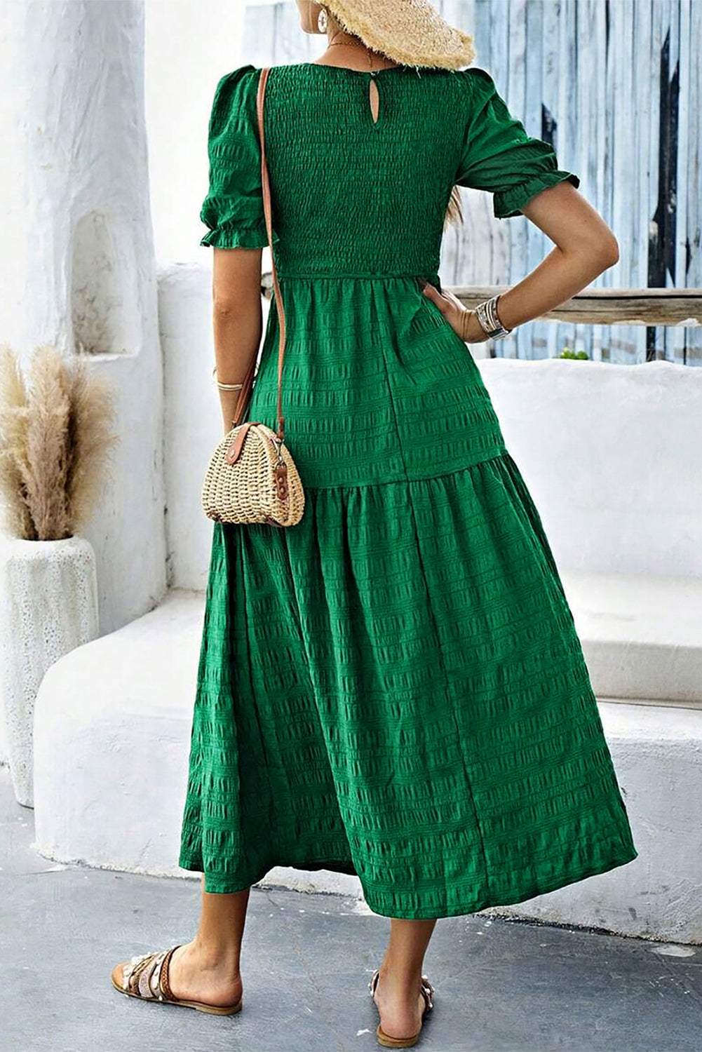 Smocked Short Sleeve Midi Dress