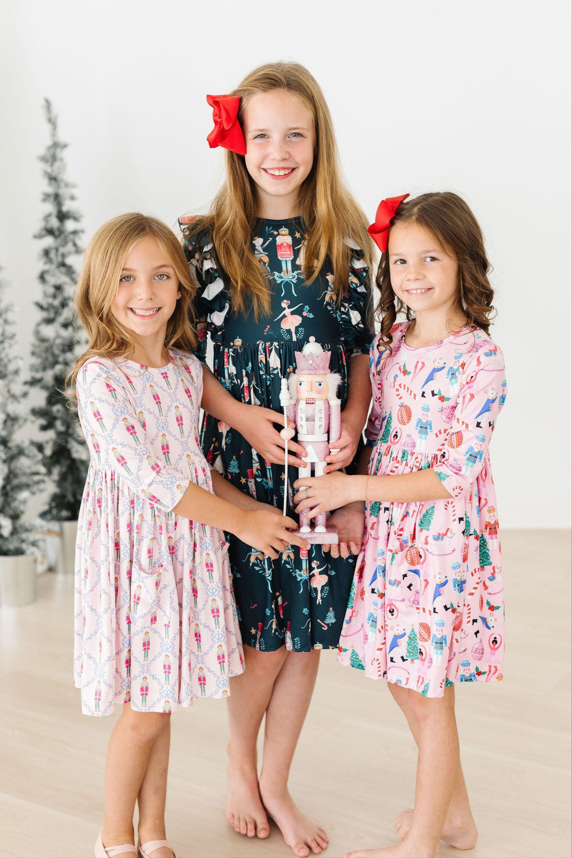 Christmas Ballet 3/4 Sleeve Ruffle Twirl Dress