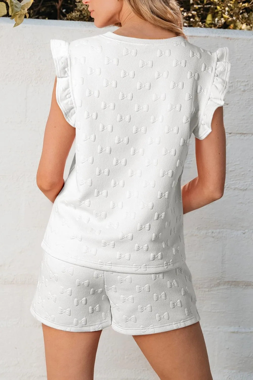 Bow Texture Round Neck Top and Shorts Set