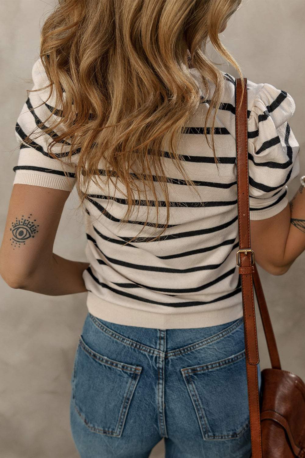Stripe Ruched Bubble Sleeve Top