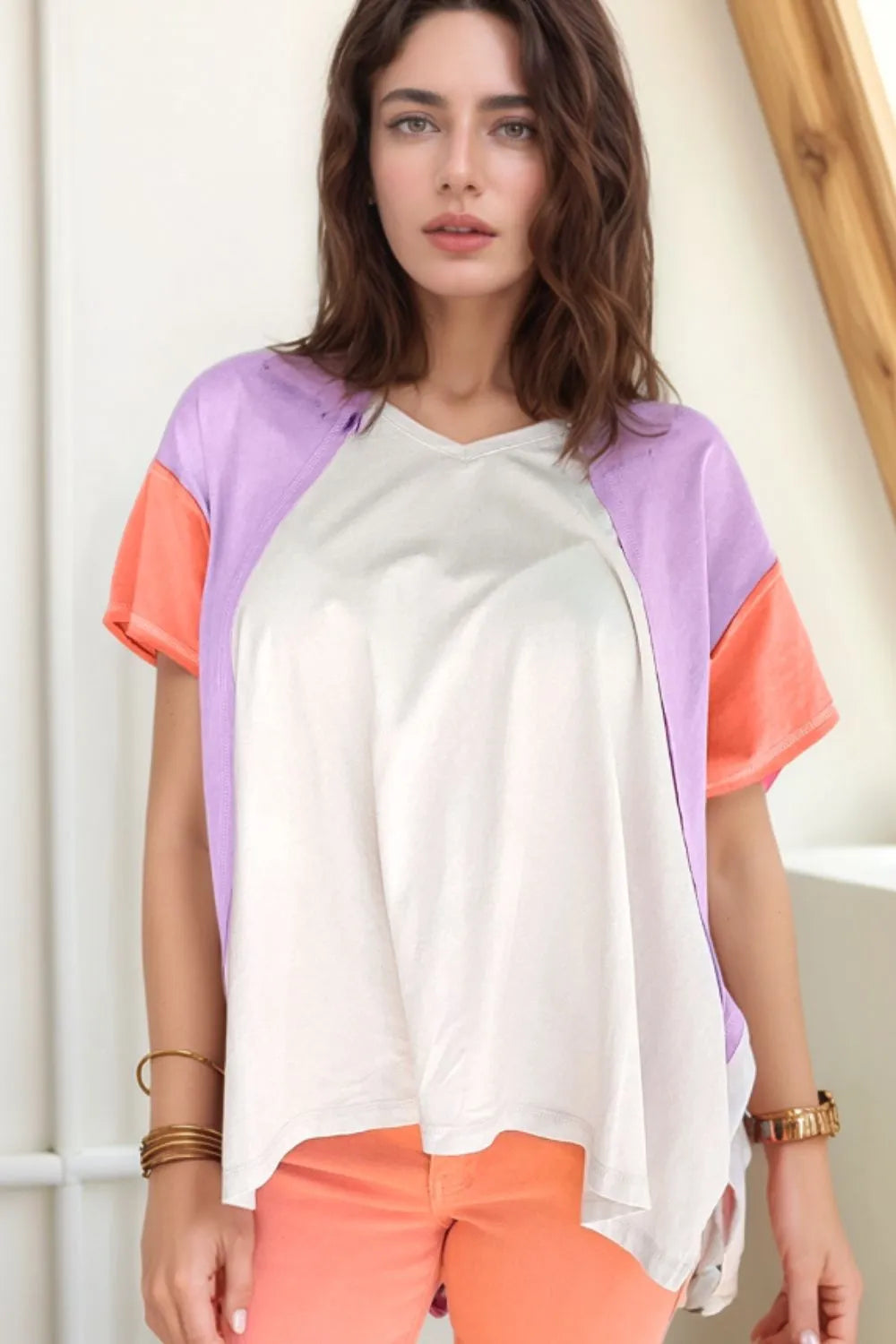 Color Block Patchwork V Neck Exposed Seam High Low T Shirt