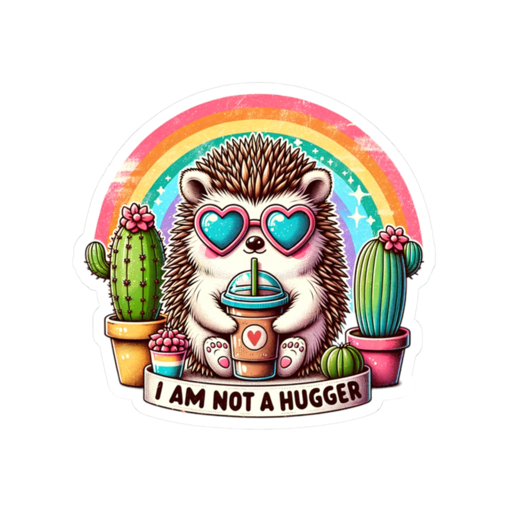 Cute Hedgehog Kiss-Cut Sticker - I Am Not A Hugger, Laptop Decal, Fun Gift, Cactus Art, Colorful Stickers