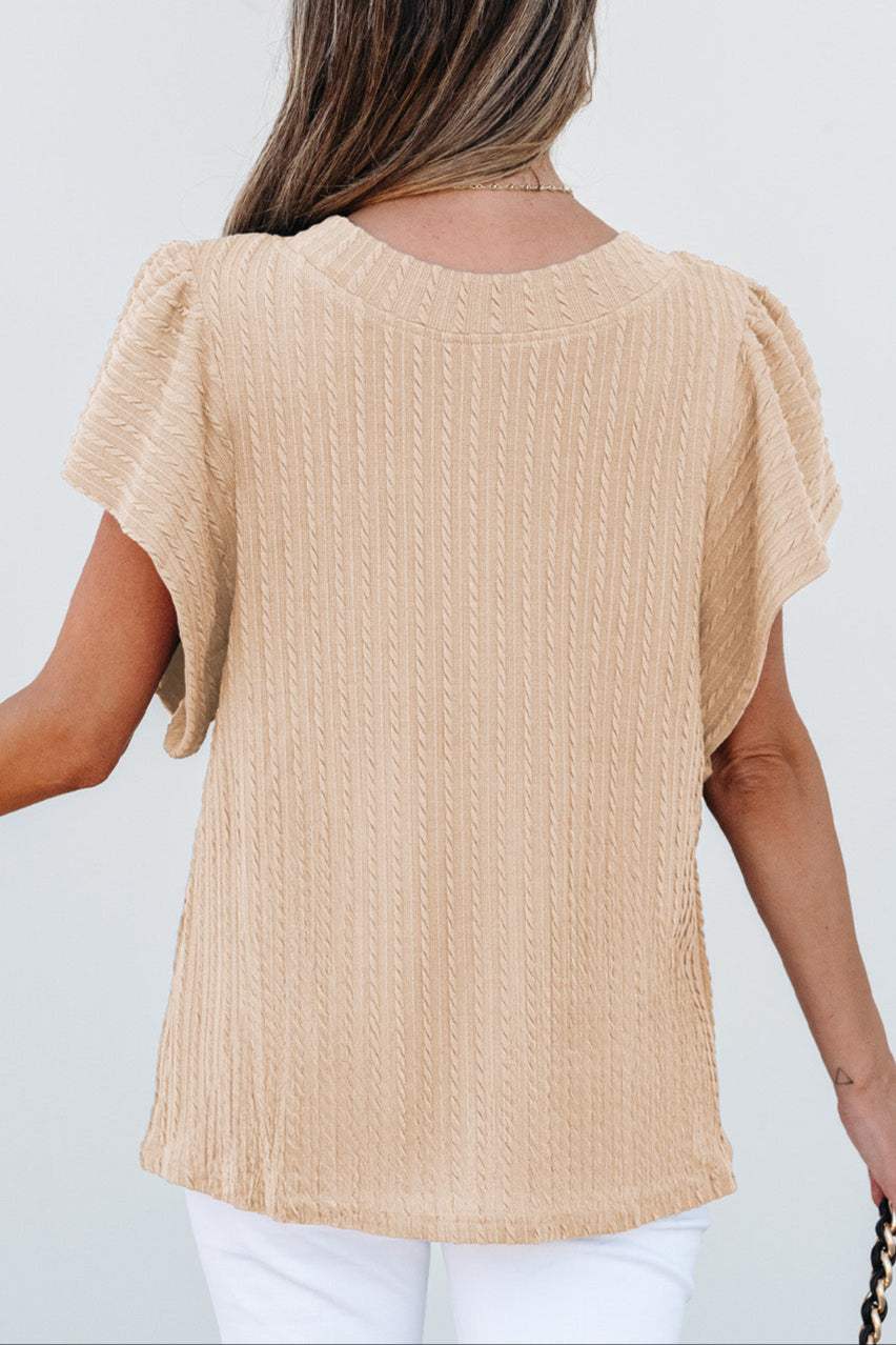 Solid Cable Textured Flutter Sleeve Top