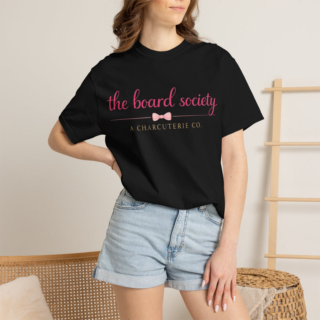 The Board Society T-Shirt — Pink Script Logo Crew Neck