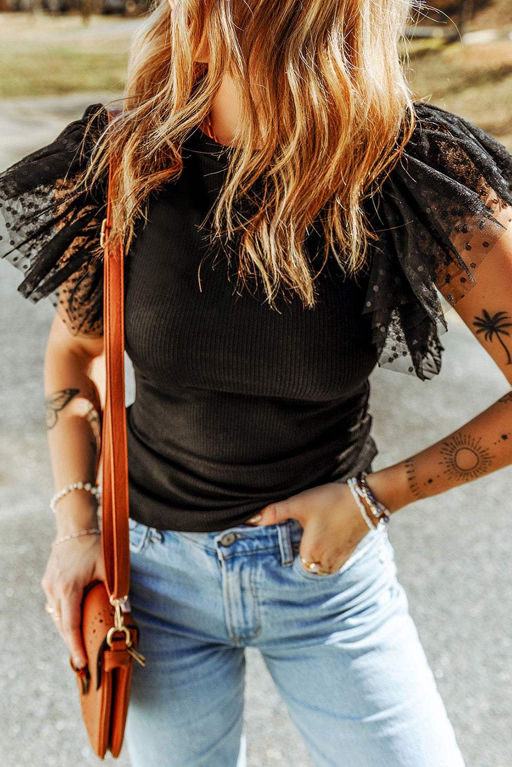 Dotted Mesh Ruffle Sleeve Top