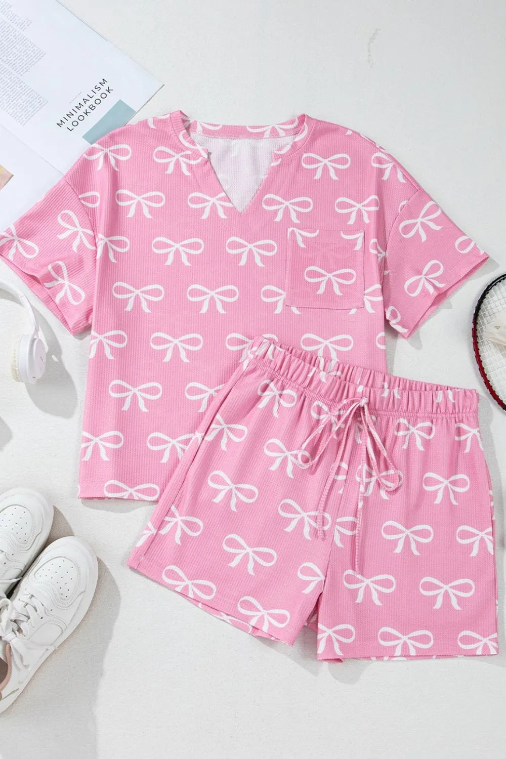 Bowknot Printed Notched T-Shirt and Shorts Set