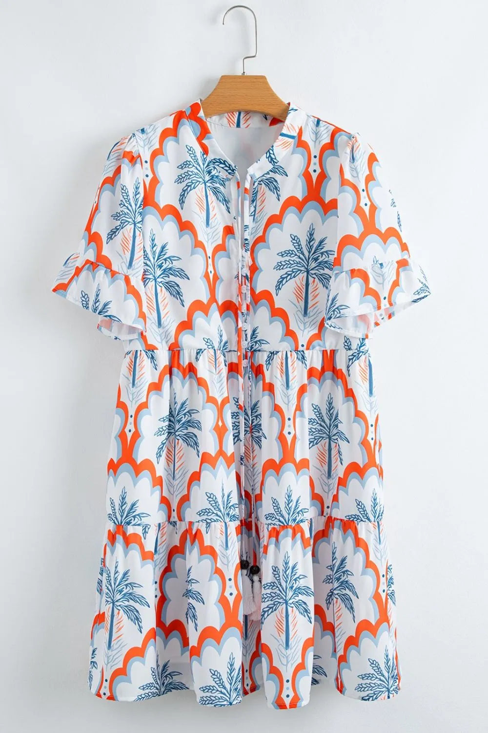Contrast Palm Tree Printed Short Sleeve Flowy Dress