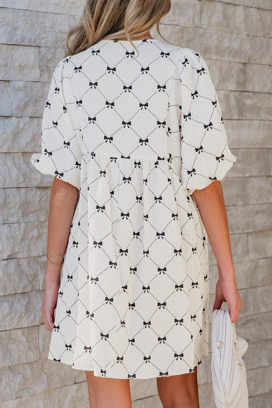 Bow Textured Puff Sleeve Mini Dress