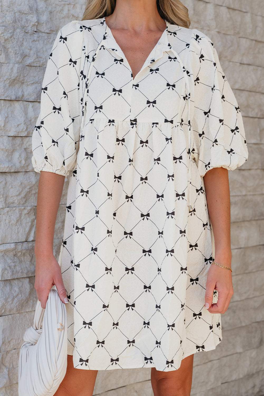 Bow Textured Puff Sleeve Mini Dress