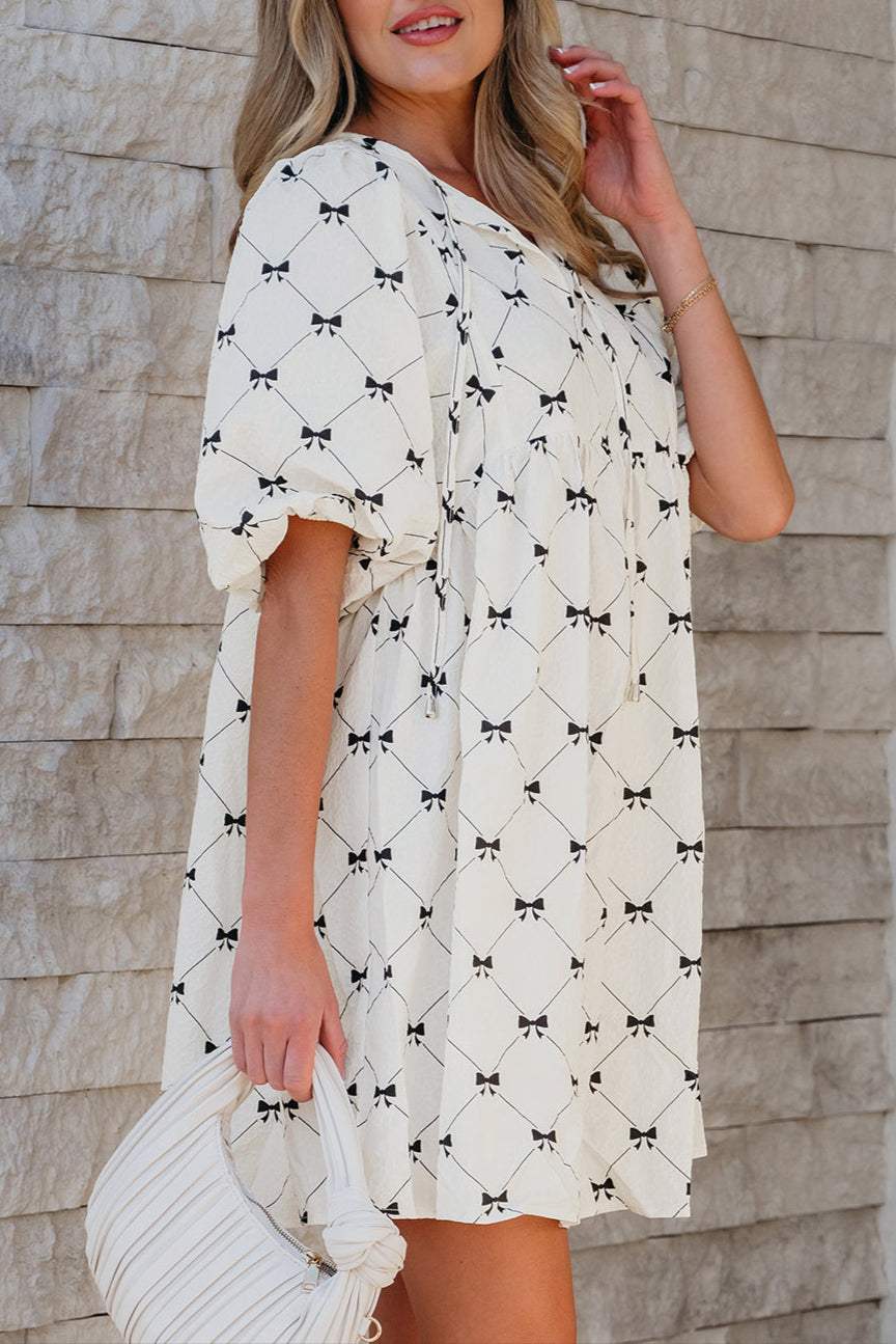Bow Textured Puff Sleeve Mini Dress
