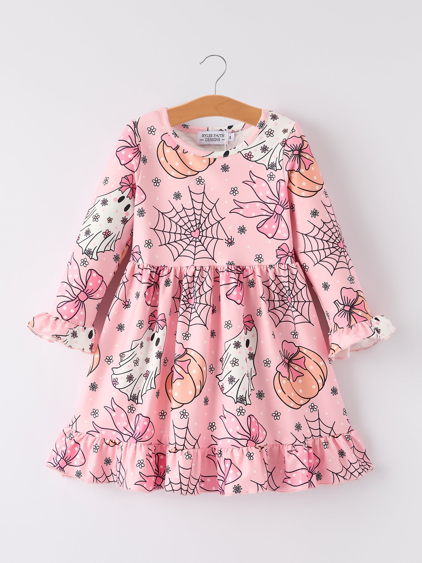 Halloween Ghost Pumpkin Print Ruffled Cuffs Long sleeve Dress