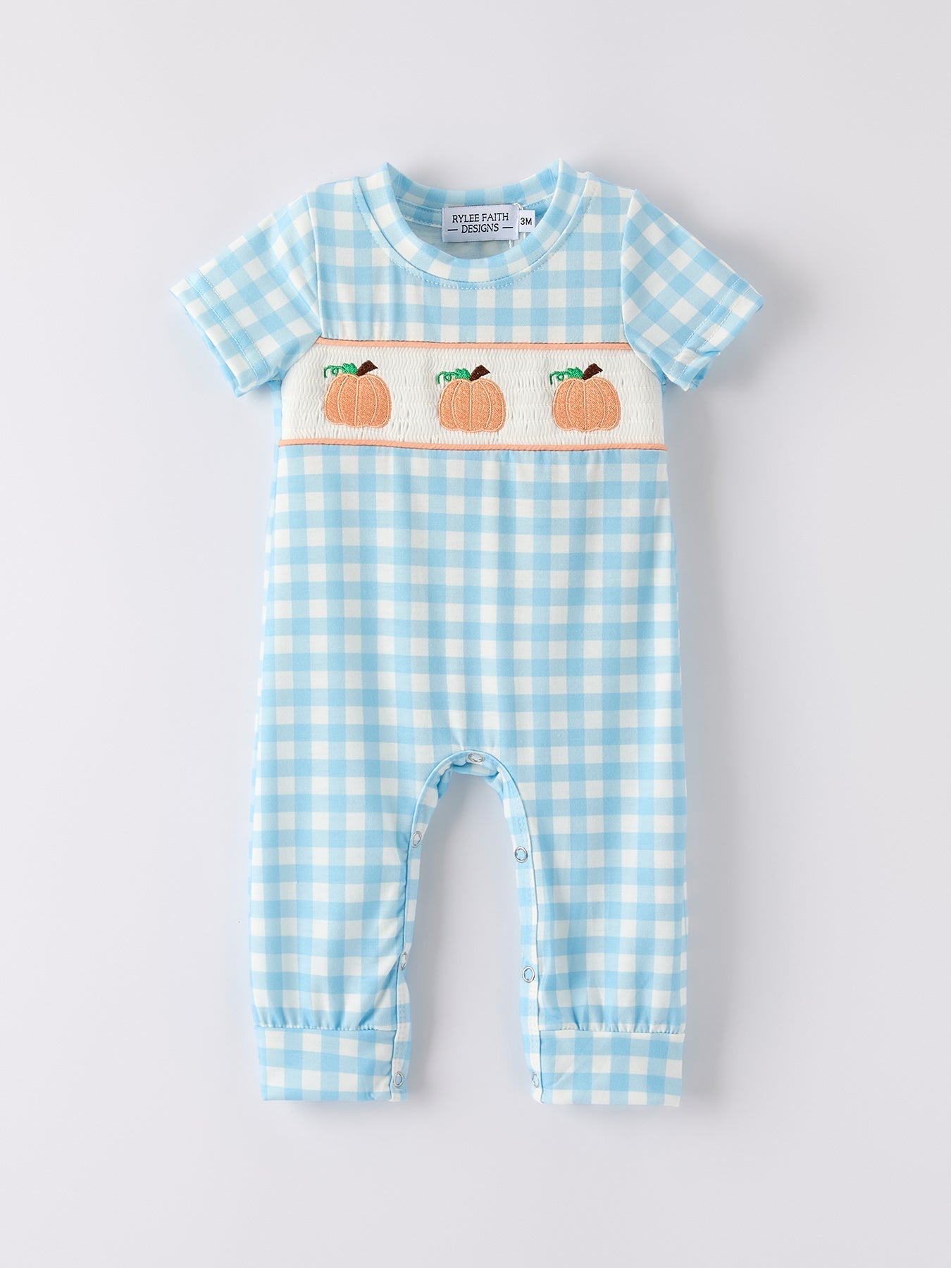 Fall Halloween & Thanksgiving Boys Pumpkin Embroidery Smocking Blue Plaid Romper