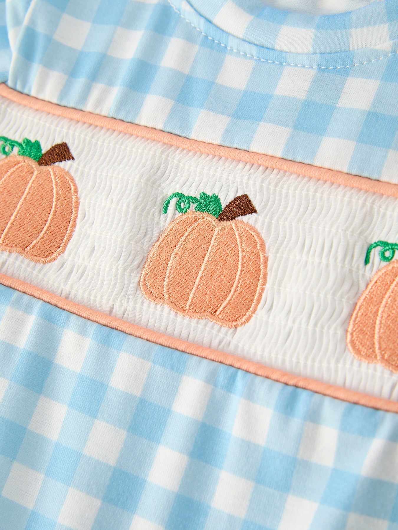 Fall Halloween & Thanksgiving Boys Pumpkin Embroidery Smocking Blue Plaid Romper