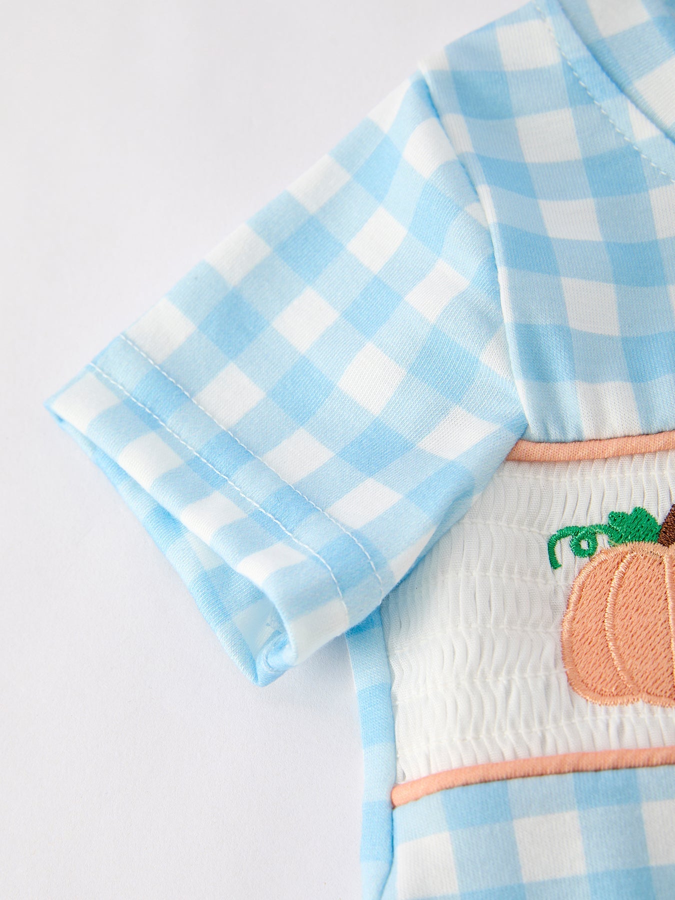 Fall Halloween & Thanksgiving Boys Pumpkin Embroidery Smocking Blue Plaid Romper