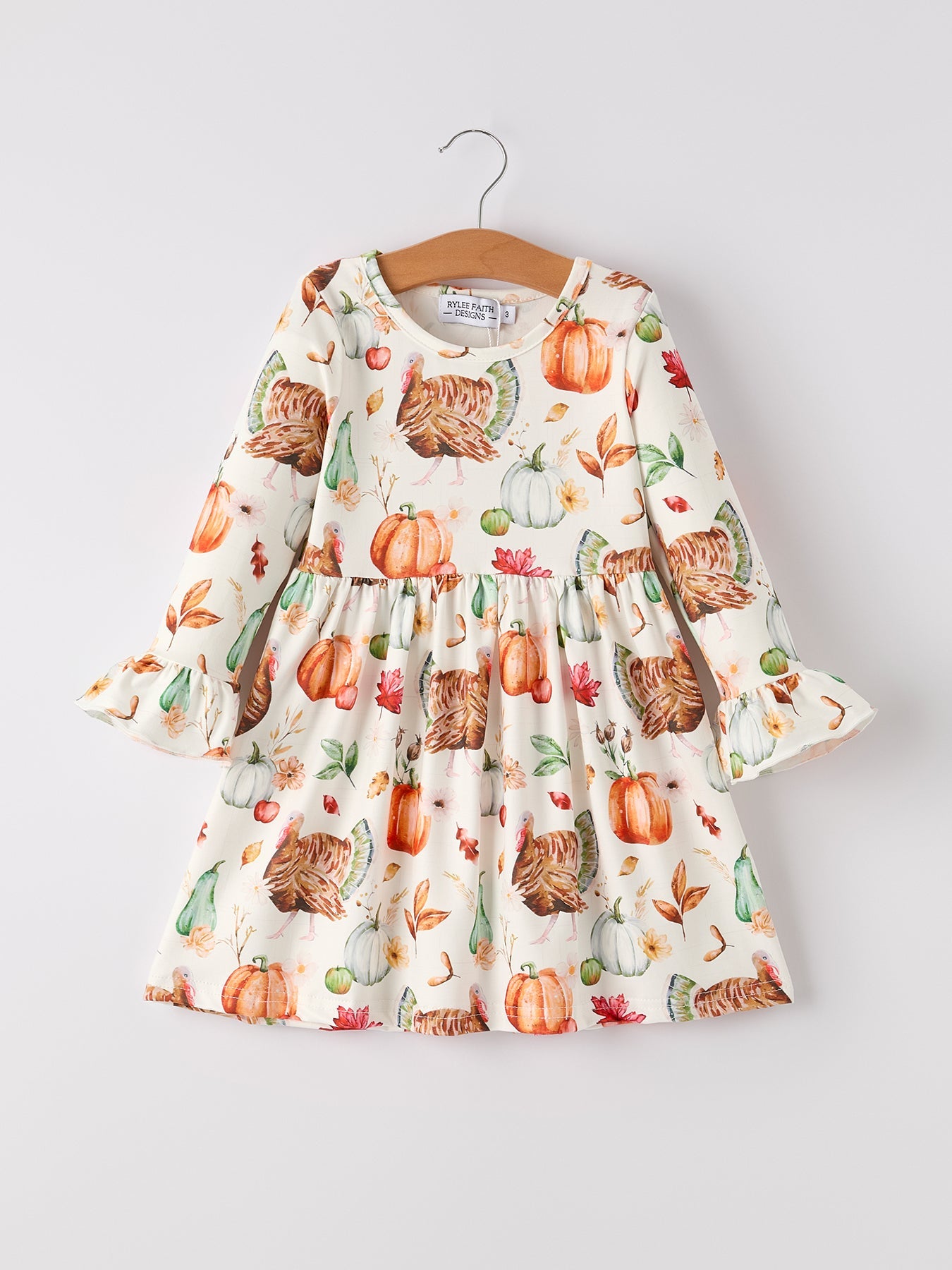 Thanksgiving Day Vintage Fall Pumpkin and Turkey Print Long Sleeve Dress