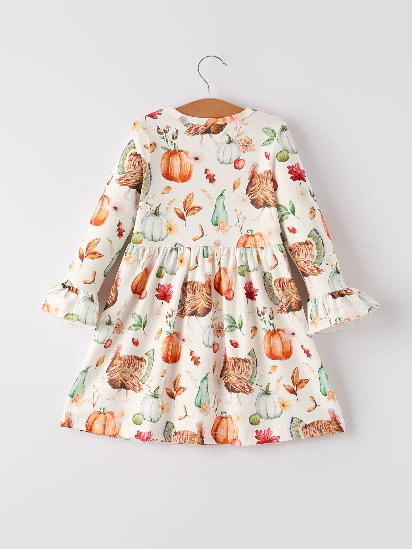 Thanksgiving Day Vintage Fall Pumpkin and Turkey Print Long Sleeve Dress