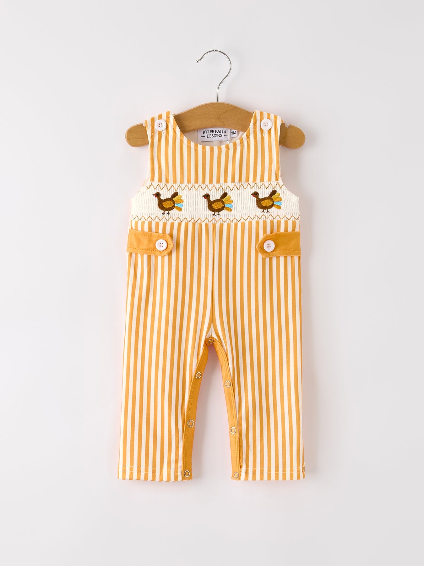Fall Thanksgiving Chicken Smock Embroidered Orange Stripes Boys Romper