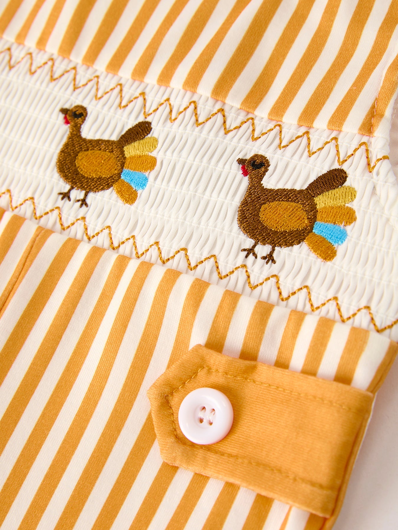 Fall Thanksgiving Chicken Smock Embroidered Orange Stripes Boys Romper