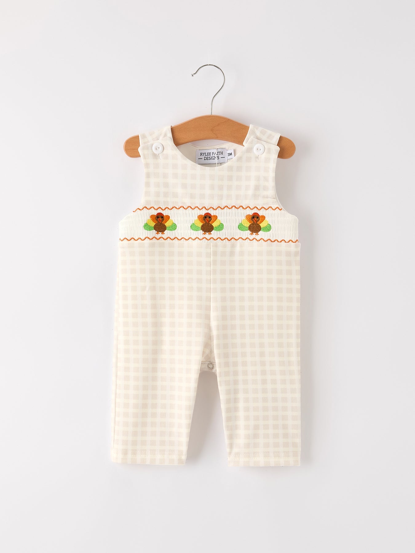Fall Thanksgiving Apricot Plaid Turkey Embroidery Smocking Boys Romper