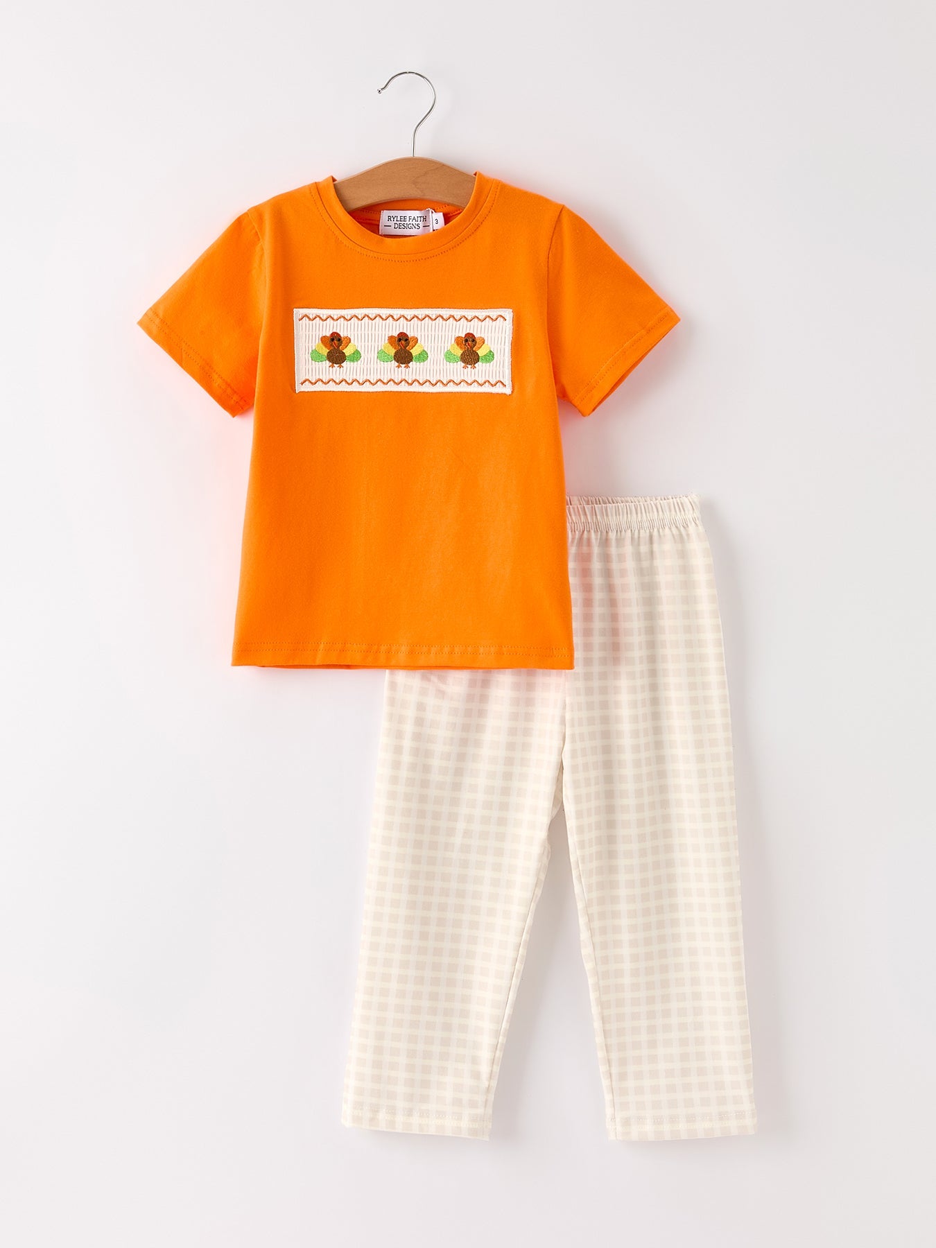 Fall Thanksgiving Apricot Plaid Turkey Embroidery Smocking Boys Set