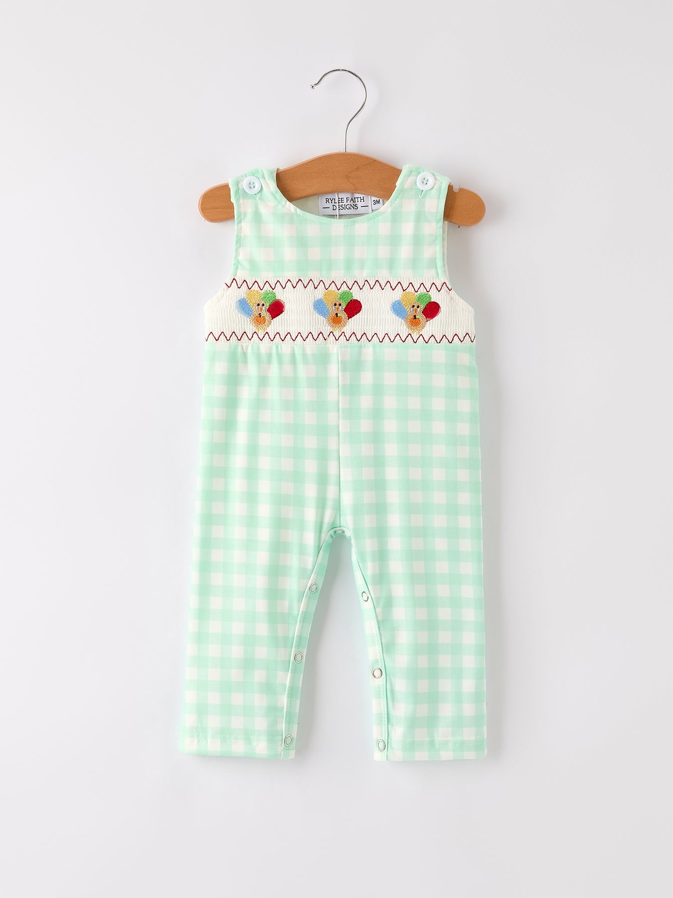 Fall Thanksgiving Green Chicken Smock Embroidered Plaid Baby Boys Romper
