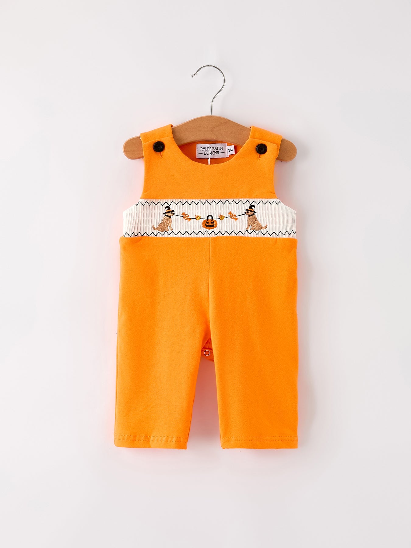 Fall Halloween Orange Embroidery Smocking Baby Boys Romper