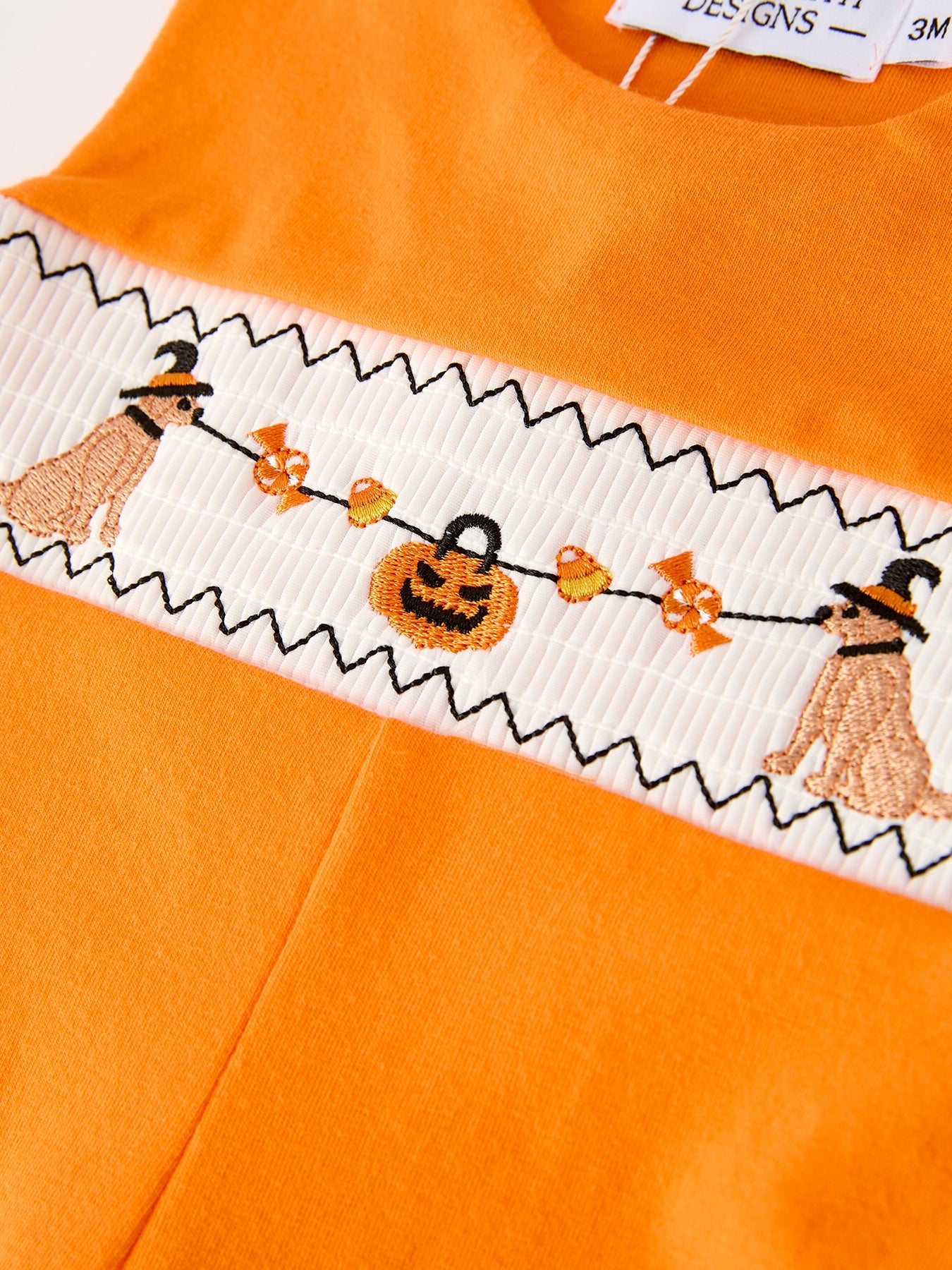 Fall Halloween Orange Embroidery Smocking Baby Boys Romper