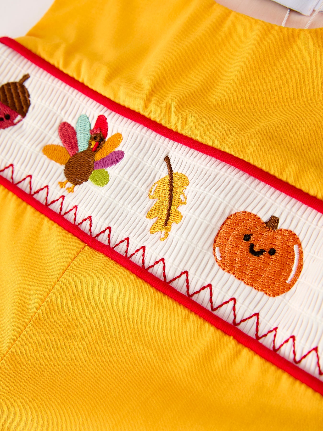 Fall Halloween & Thanksgiving Turkey Nuts Smock Embroidered Yellow Boys Romper