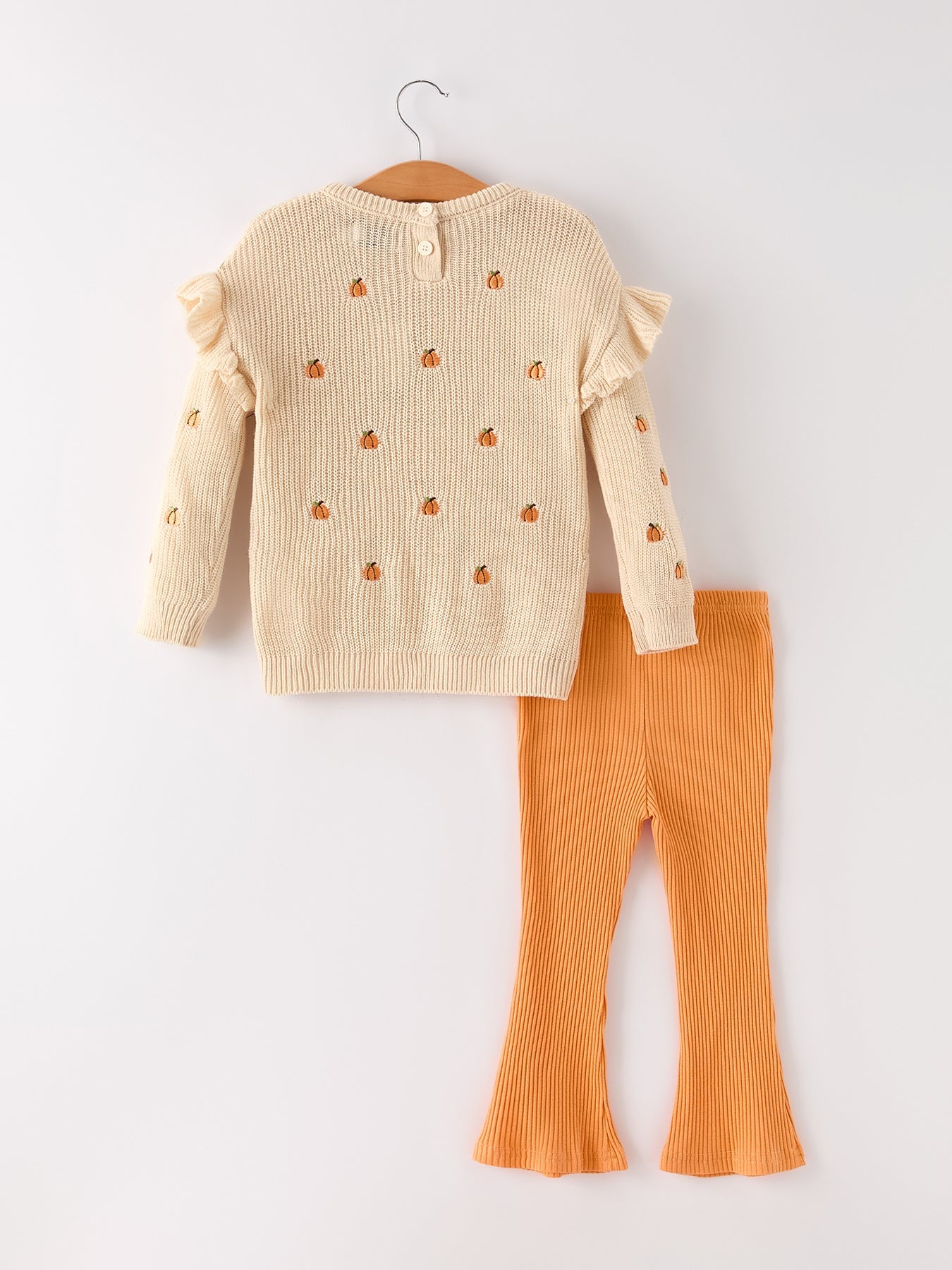 Fall Halloween & Thanksgiving Girls Pumpkin Embroidered Sweater +Bell Bottom Pants Set