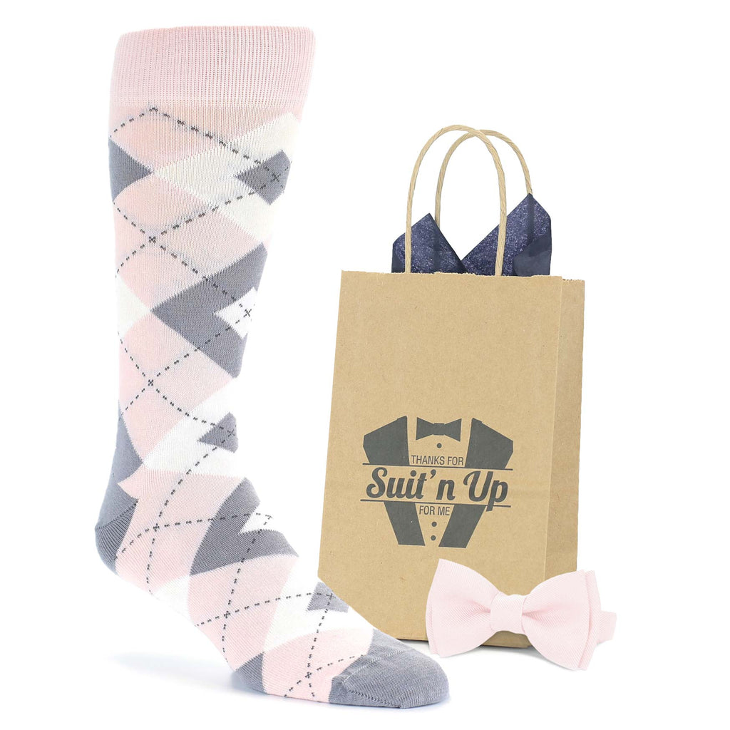 Blush Light Pink Argyle Wedding Groomsmen Men's Dress Socks with Matching Bow Tie