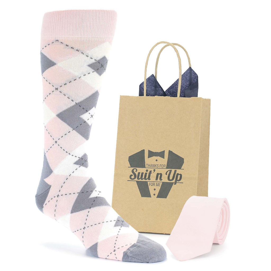 Blush Light Pink Argyle Wedding Groomsmen Men's Dress Socks with Matching Necktie