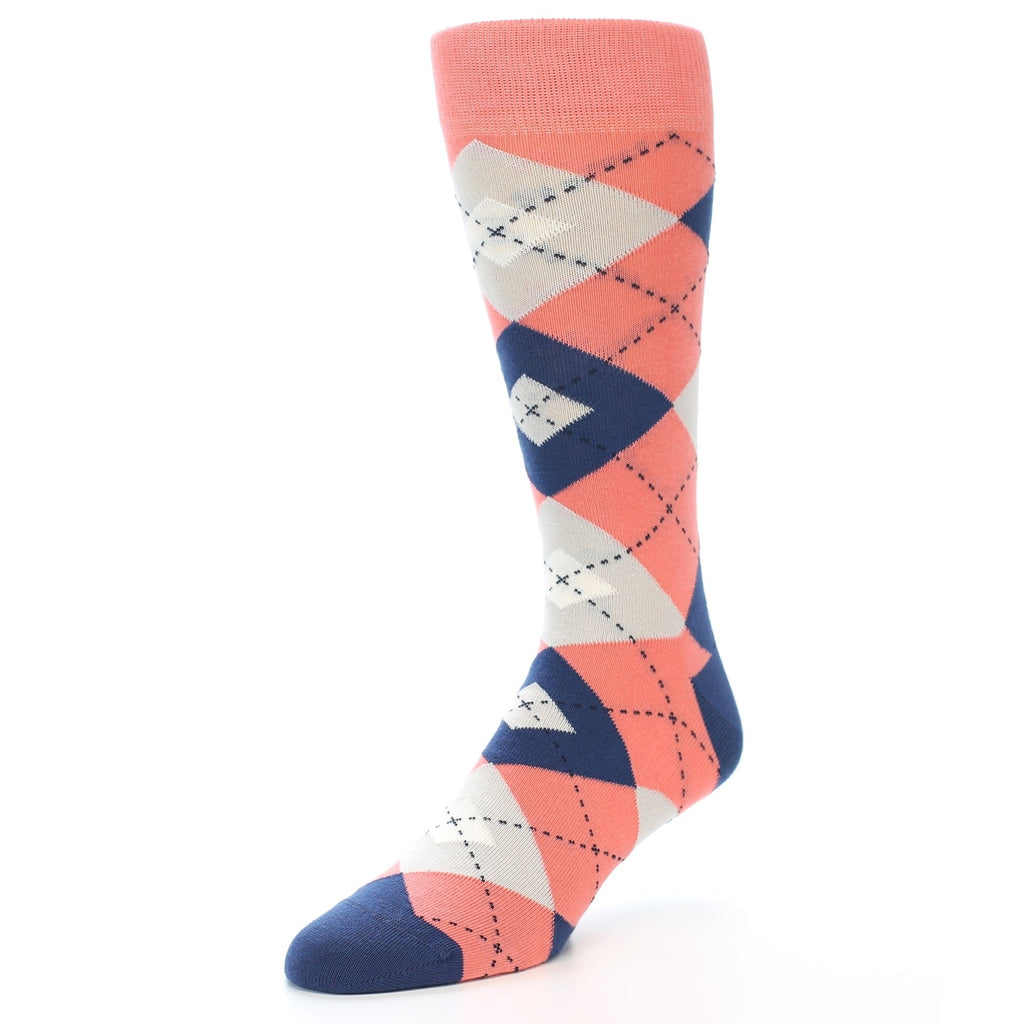 Coral Navy Argyle Wedding Groomsmen Men's Dress Socks