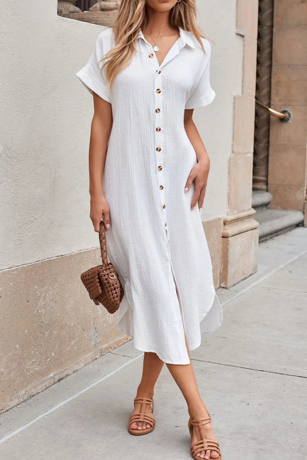 Button Down Short Sleeve Midi Shirt Dress