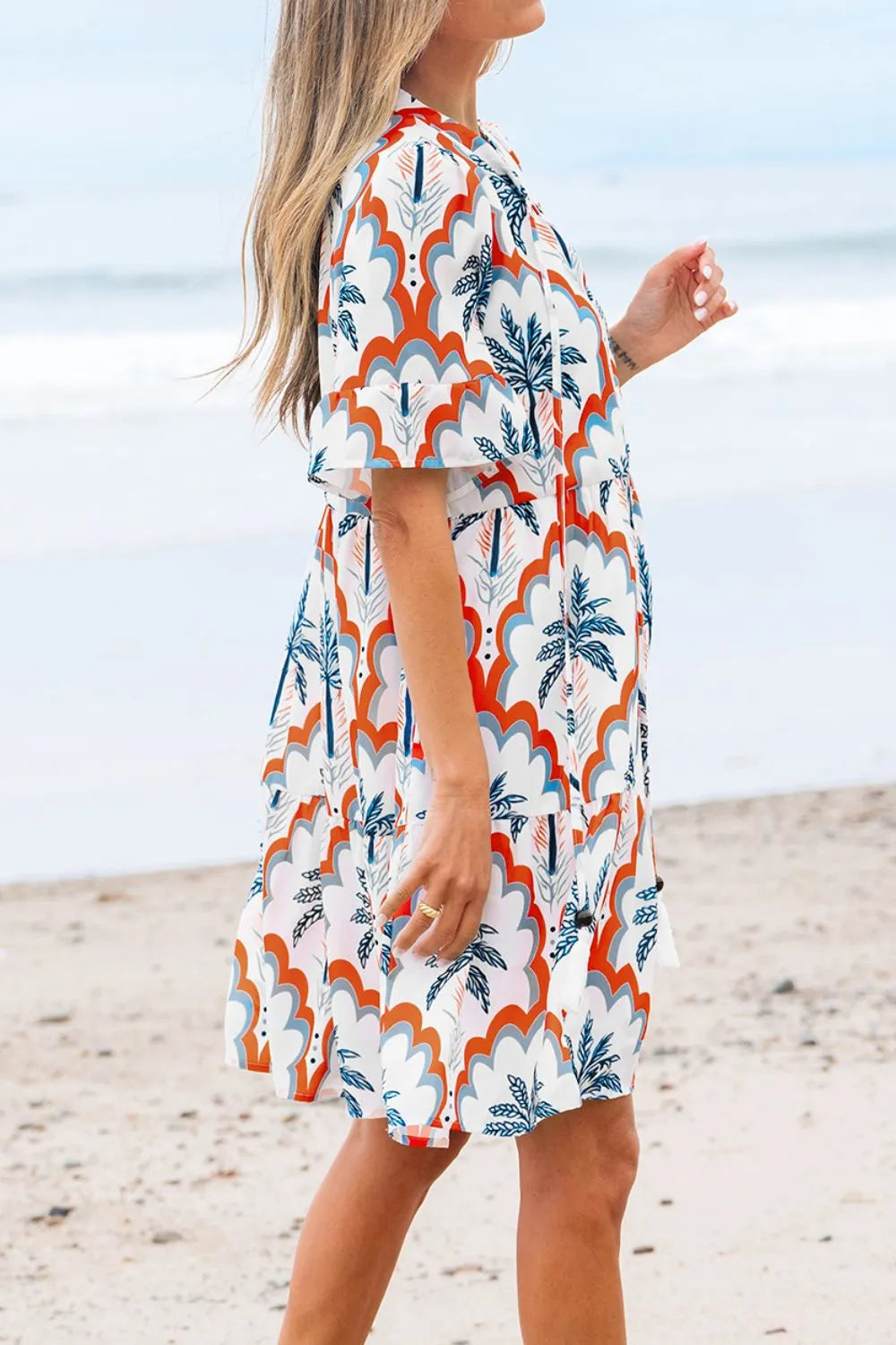 Contrast Palm Tree Printed Short Sleeve Flowy Dress
