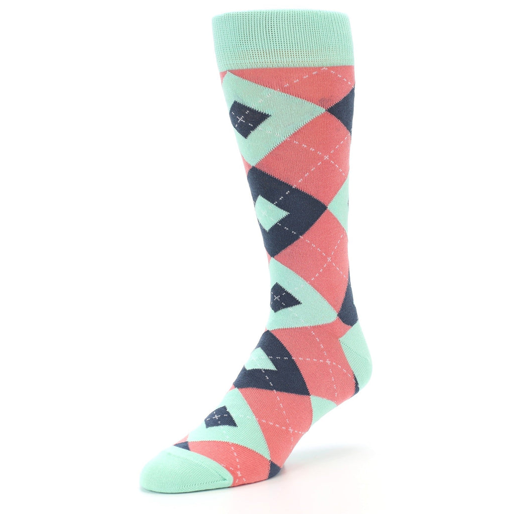 Coral Mint Argyle Wedding Groomsmen Men's Dress Socks