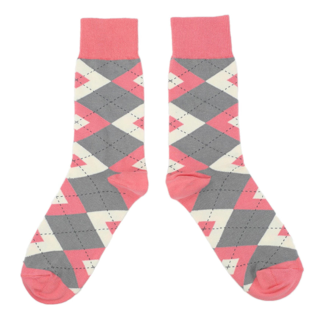 Coral Gray Argyle Wedding Groomsmen Men's Dress Socks