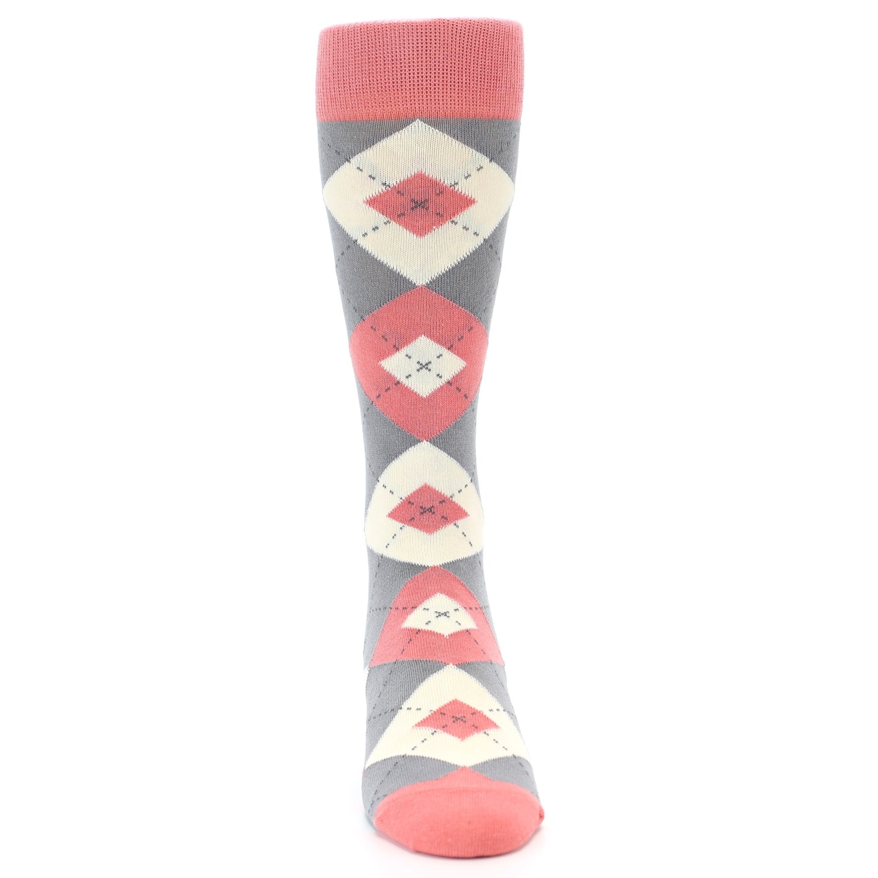 Coral Gray Argyle Wedding Groomsmen Men's Dress Socks