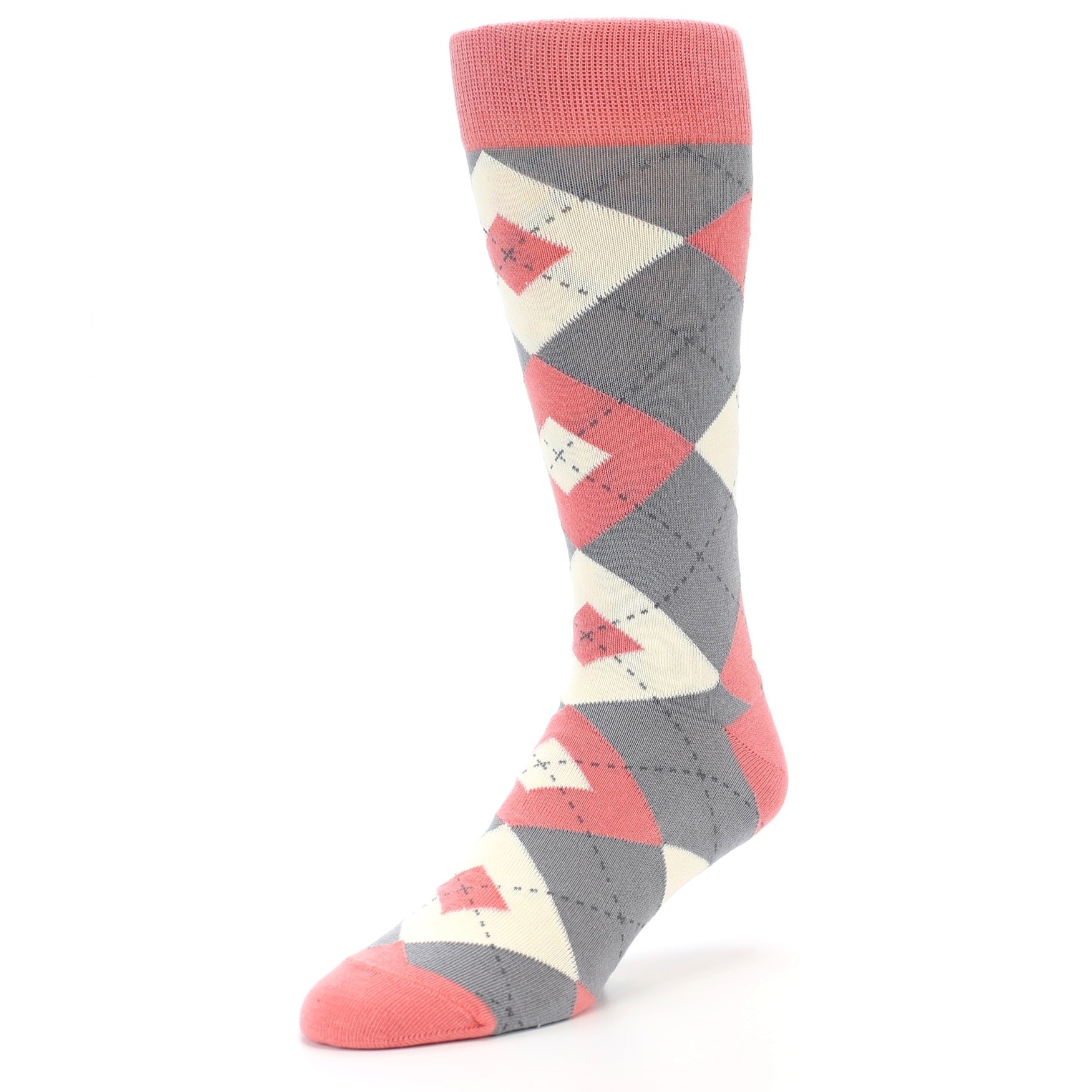 Coral Gray Argyle Wedding Groomsmen Men's Dress Socks