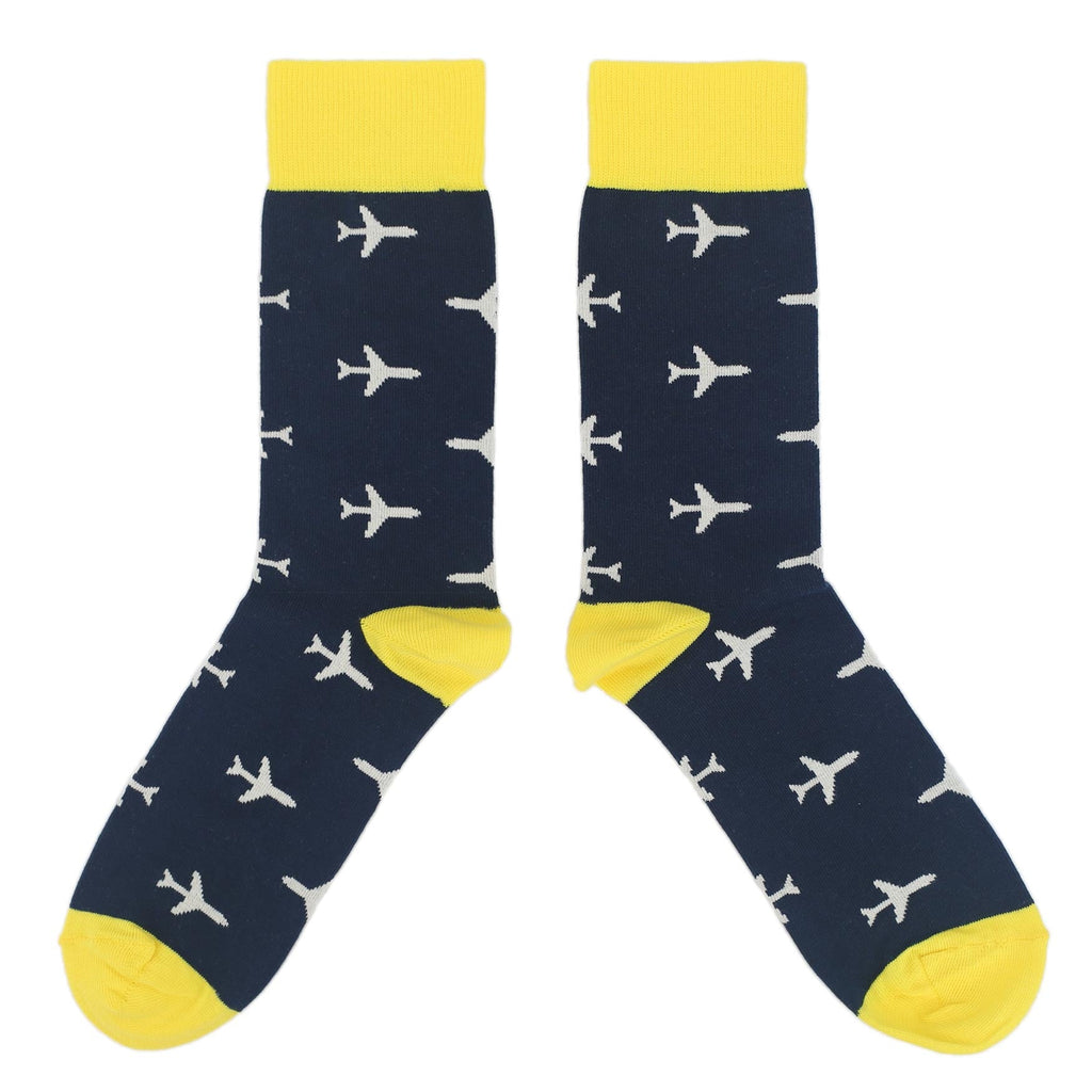 Navy Yellow Airplane Pattern Men's Over-the-Calf Dress Socks
