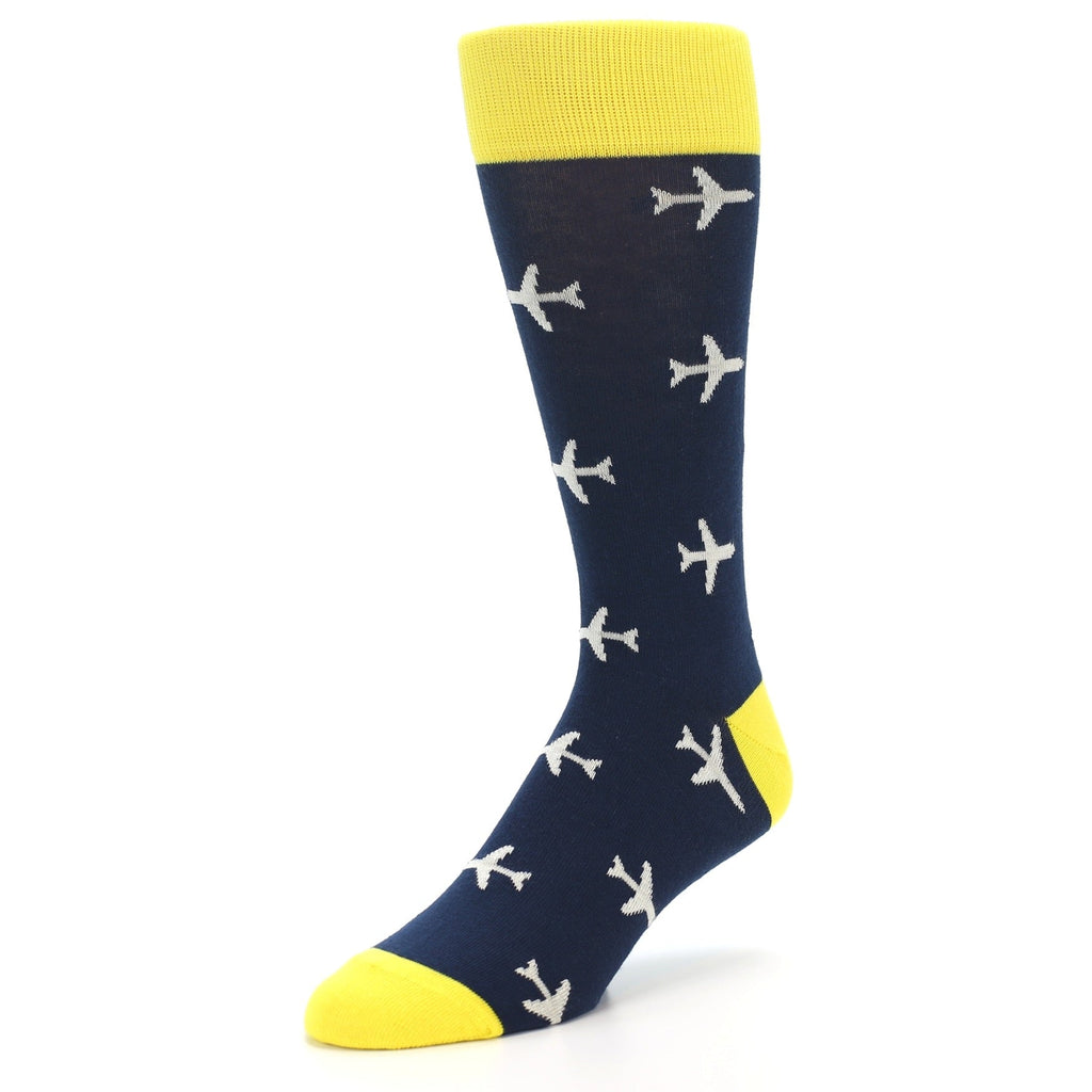 Navy Yellow Airplane Pattern Men’s Dress Socks