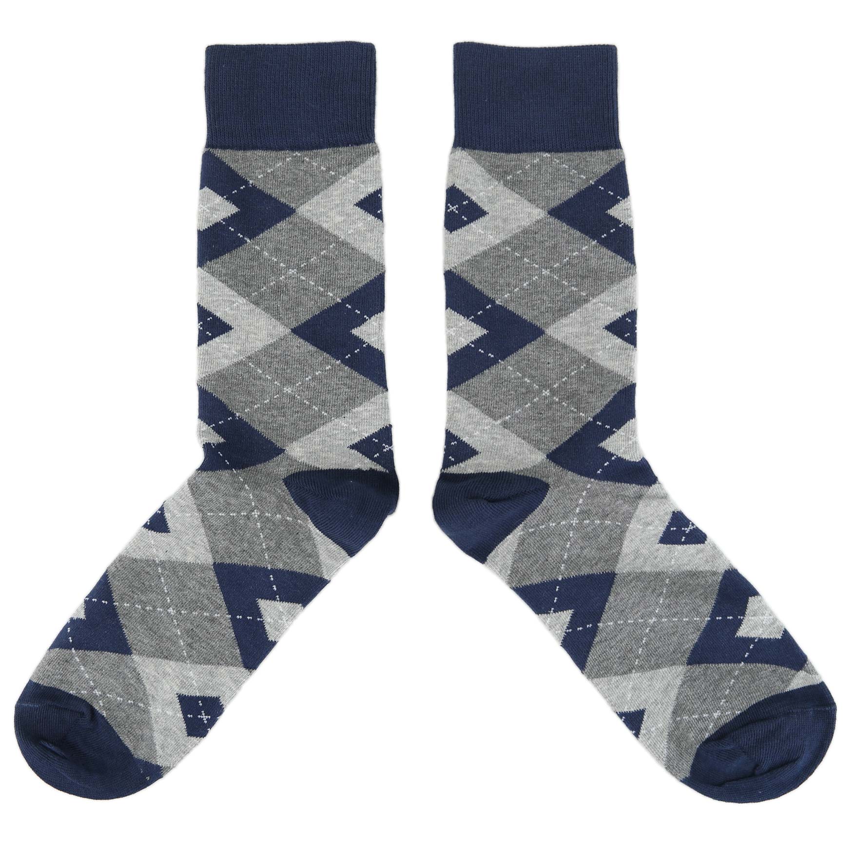 Navy Gray Argyle Wedding Groomsmen Men's Dress Socks with Navy Bow Tie