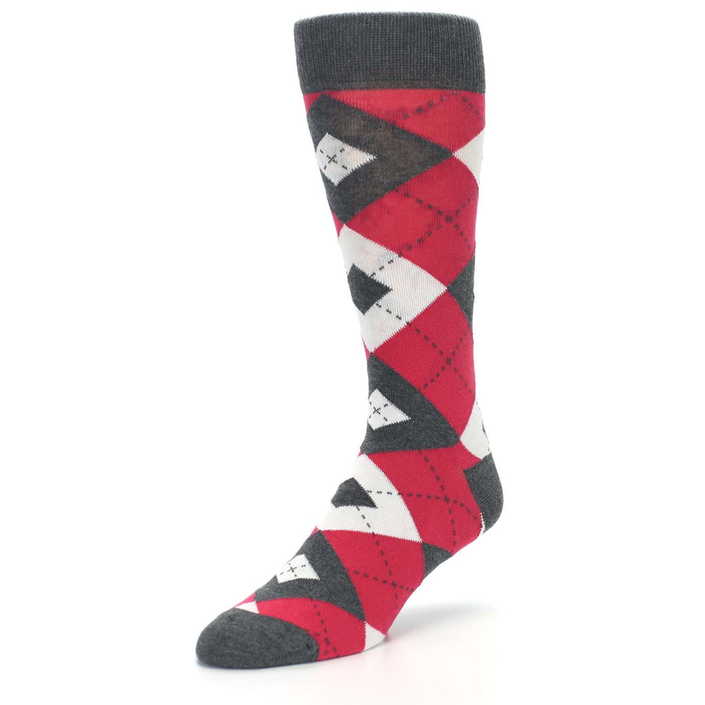 Cherry Red Gray Argyle Men’s Dress Socks